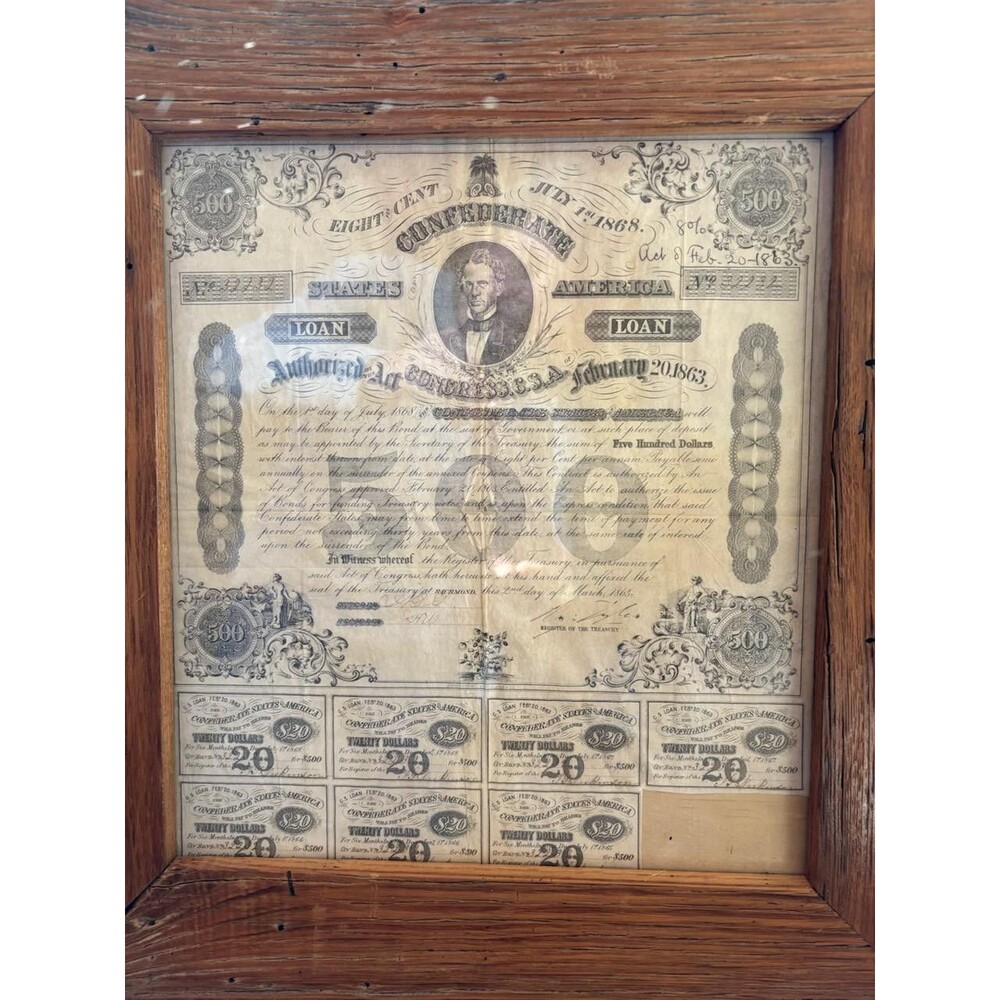 Confederate States of America $500 Civil War bond from 1863 With 7 Stamps.